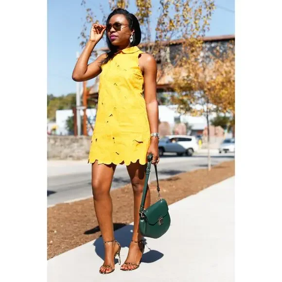 Topshop Yellow Floral Cutout Mini Dress Size 8 Mod Retro Collared Sleeveless - Picture 2 of 9